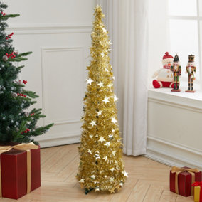 Livingandhome Gold Folding Pop Up Tinsel Christmas Tree with Base 120 cm