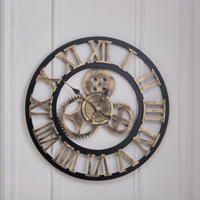 Livingandhome Gold Industrial Large Roman Numeral and Gear Silent Metal Wall Clock Dia 58 cm