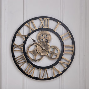 Livingandhome Gold Industrial Large Roman Numeral and Gear Silent Metal Wall Clock Dia 58CM
