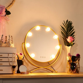 Livingandhome Gold Luxurious Round Freestanding Vanity Rotary Mirror with LED Lights Dimmable