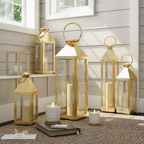 Livingandhome Gold Rectangular Metallic Decorative Lantern Candle Holder, 51cm H x 15cm W x 15cm D