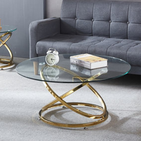 Livingandhome Gold Round Tempered Glass Top Coffee Table