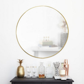 Livingandhome Gold Round Wall Hanging Bathroom Framed Mirror 80cm