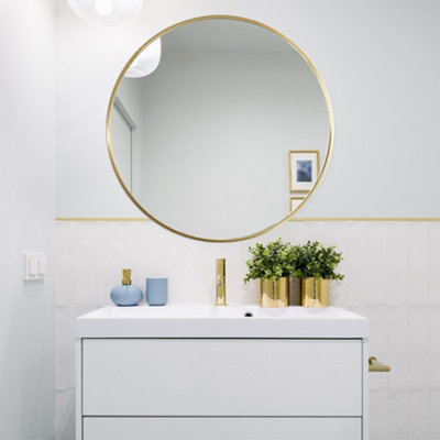 Livingandhome Gold Round Wall Mounted Framed Bathroom Mirror 40 cm