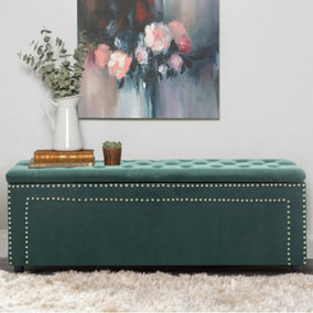 Livingandhome Green Frosted Velvet Ottomans Buttoned Storage Bench