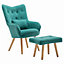 Livingandhome Green Frosted Velvet Wing Back Lounge Armchair with Footstool