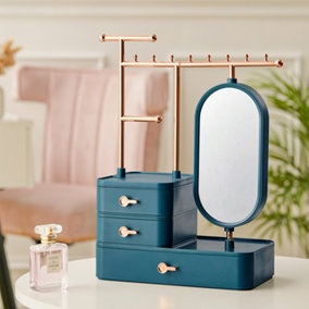 Livingandhome Green Jewelry Box Vanity Makeup Storage Organizer Necklace Earring Display Rack with Mirror and 3 Drawer