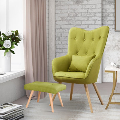 Livingandhome Green Linen Upholstered Wingback Occasional Armchair Relaxing Chair with Footstool