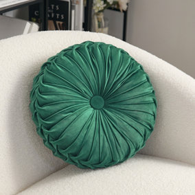 Livingandhome Green Round Pleated Velvet Cushion 35 cm