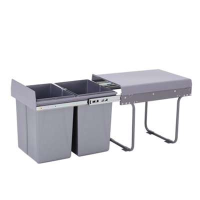 68L Grey Pull Out Integrated Kitchen Waste & Recycling Bin for 600mm Wide  Cabinet 1 X 34L 2 X 17L Compartments Soft Close Base Mounted 