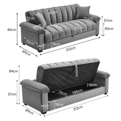 Livingandhome Sofa Bed 3 Seater Grey Fabric Tufted Convertible