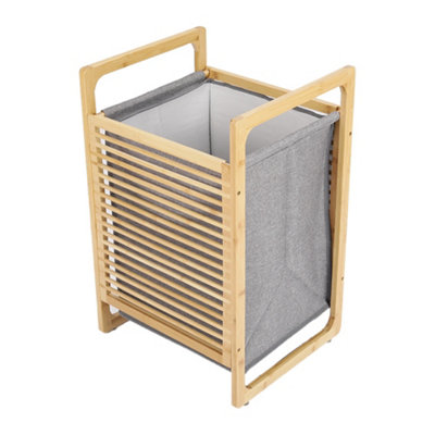  Relaxdays Bamboo Linea Hamper and Shelf with 3 Compartments Basket  Linen Bin with Laundry Bag 40 L with White Fabric 77 x 69.5 x 36 cm,  Natural, 36 x 69.5 x