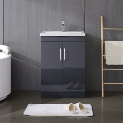 Livingandhome Grey Gloss Freestanding Bathroom Vanity Unit Basin ...