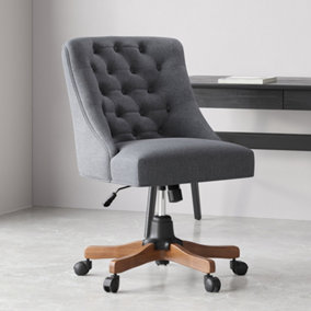Livingandhome Grey Linen Office Chair with Wide Buttoned Back 5 Claw Wood Legs