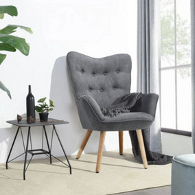 Livingandhome Grey Linen Upholstered  Buttoned Armchair with Wooden Legs