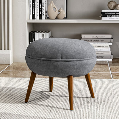 Livingandhome Grey Linen Upholstered Oval Footstool with Wooden Legs W ...