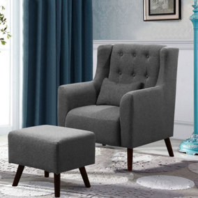 Livingandhome Grey Linen Upholstered Wing Back Armchair with Footstool