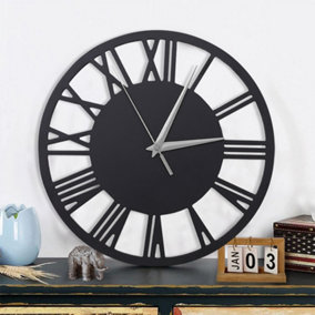 Livingandhome Grey Modern Round Roman Numeral Silent Wood Wall Clock Decorative 30 cm