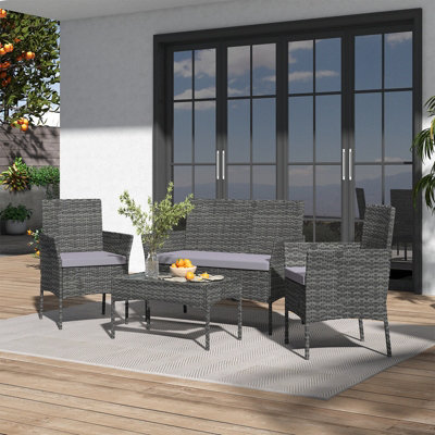 Livingandhome Grey Rattan Effect 4 Seater Garden Furniture Sofa