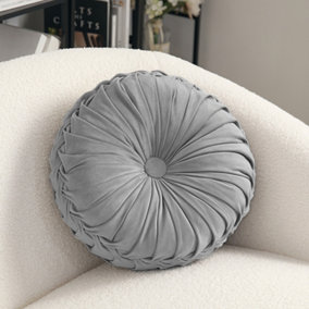 Livingandhome Grey Round Pleated Velvet Cushion 35 cm