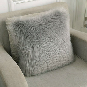 Livingandhome Grey Super Soft Luxury Faux Fur Decorative Plush Pillow Case 450 x 450 mm