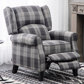 Livingandhome Grey Tartan Fabric Recliner Armchair Reclining Chair Lounge Sofa Chair with Retractable Footrest