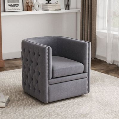 Livingandhome Grey Velvet Effect Barrel Swivel Accent Chair Tub