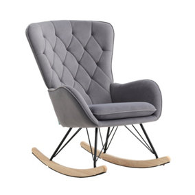 Livingandhome Grey Velvet Upholstered Rocking Chair with Rubber Wood Runner