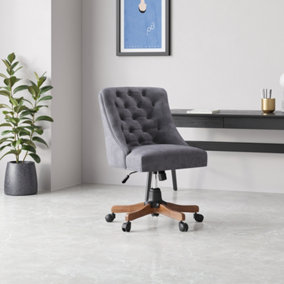 Livingandhome Grey Velvet Wide Buttoned Back Office Chair with 5 Claw Wood Legs