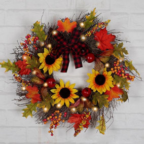 Livingandhome Halloween Prelit Wreath with Artificial Maple Leaves and Sunflowers 45cm