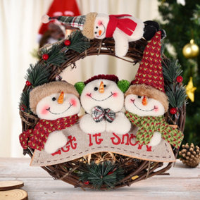 Livingandhome Handcraft Snowman Dolls Wicker Christmas Wreath Hanging Ornament 29 cm