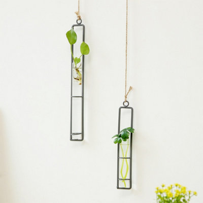 Livingandhome Hanging Test Tube Glass Hydroponic Planter with Hemp Rope H 272 mm
