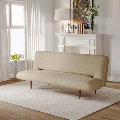 Livingandhome Khaki Faux Suede 3 Seater Sofa Bed Couch Bed with Wood Legs D  118 cm x W 202 cm x H 42 cm