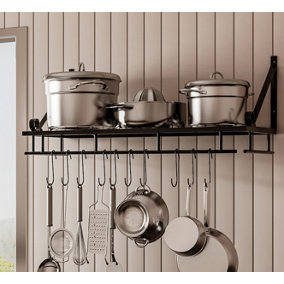Livingandhome Kitchen Metal Shelves Saucepan Pan Pot Rack Storage Shelf with 10 Hooks Wall Mounted W 60 cm
