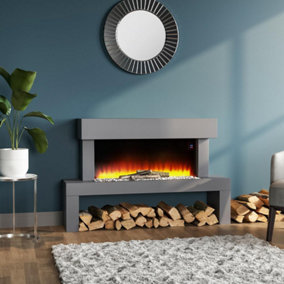 Livingandhome LED Freestanding Electric Fire Suite Black Fireplace with Grey Surround Set 7 Flame Colors Adjustable 47 Inch
