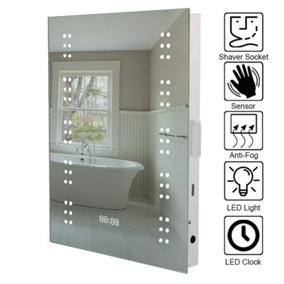 Livingandhome LED Illuminated Anti Fog Sensor Bathroom Mirror with Digital Clock and Sensor Shaver Socket