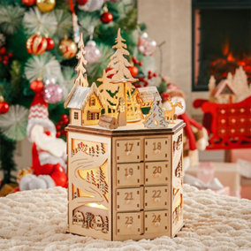 Livingandhome LED Rotating Countdown Calendar Wooden Music Box for Christmas