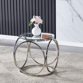 Livingandhome Medium Silver Round Glass Coffee Table with Circle Base