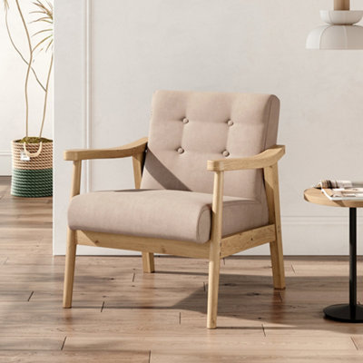 Livingandhome Modern Beige Wood Frame Upholstered Armchair | DIY at B&Q