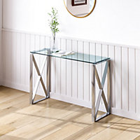 Livingandhome Modern Glass Rectangular Tempered Glass Side Table with Chrome Legs 120x40CM