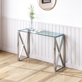 Livingandhome Modern Glass Rectangular Tempered Glass Side Table with Chrome Legs 120x40CM