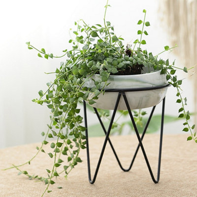 Livingandhome Modern Marble Ceramic Tabletop Succulent Planter with Black Metal Stand 125 x 165 mm