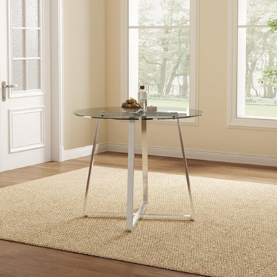 Livingandhome Modern Round Dining Table with Tempered Glass Top Dia 90CM
