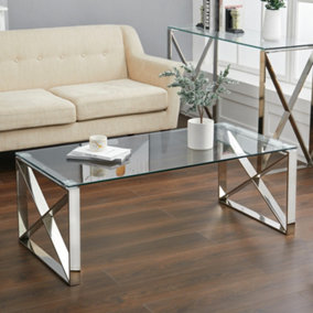 Livingandhome Modern Tempered Glass End Table with Chrome Base 120x60CM