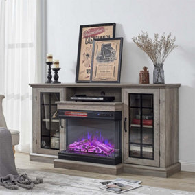 Livingandhome Oak Effect Electric Fire Suite 3 Sided Fireplace with TV Stand Surround Set Overall size 59 Inch