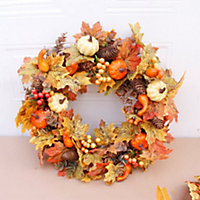 Livingandhome Orange Autumn Halloween Christmas Wreath with Pumpkin Pine Cones Decor 50 cm
