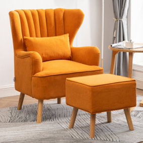 Livingandhome Orange Occasion Frosted Velvet Wing Back Armchair with Footstool and Lumbar Pillow