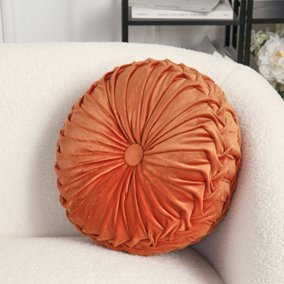 Livingandhome Orange Round Pleated Velvet Cushion  Dia 45 cm