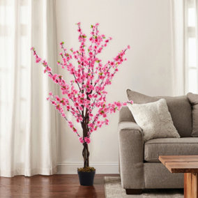 Livingandhome Pink Artificial Peach Blossom Tree Potted Flower Home Plant Decor 150cm