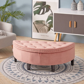 Livingandhome Pink Classic Semicircle Velvet Upholstered Storage Ottoman Bench with Wooden Legs W 1080 x D 450 x H 400 mm
